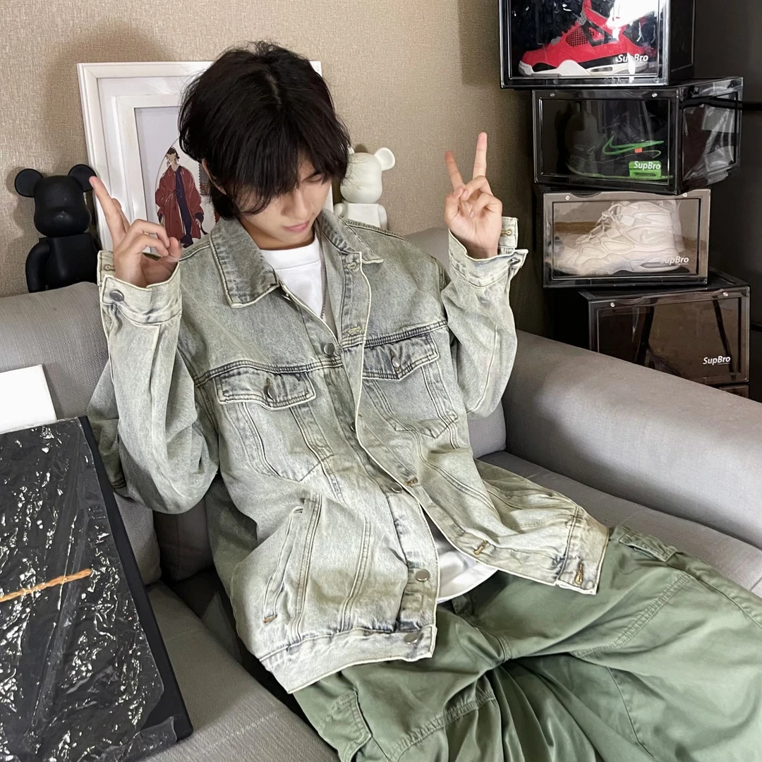 麻瓜兄弟秋季牛仔夹克男美式复古oversize工装水洗浅色牛仔外套潮