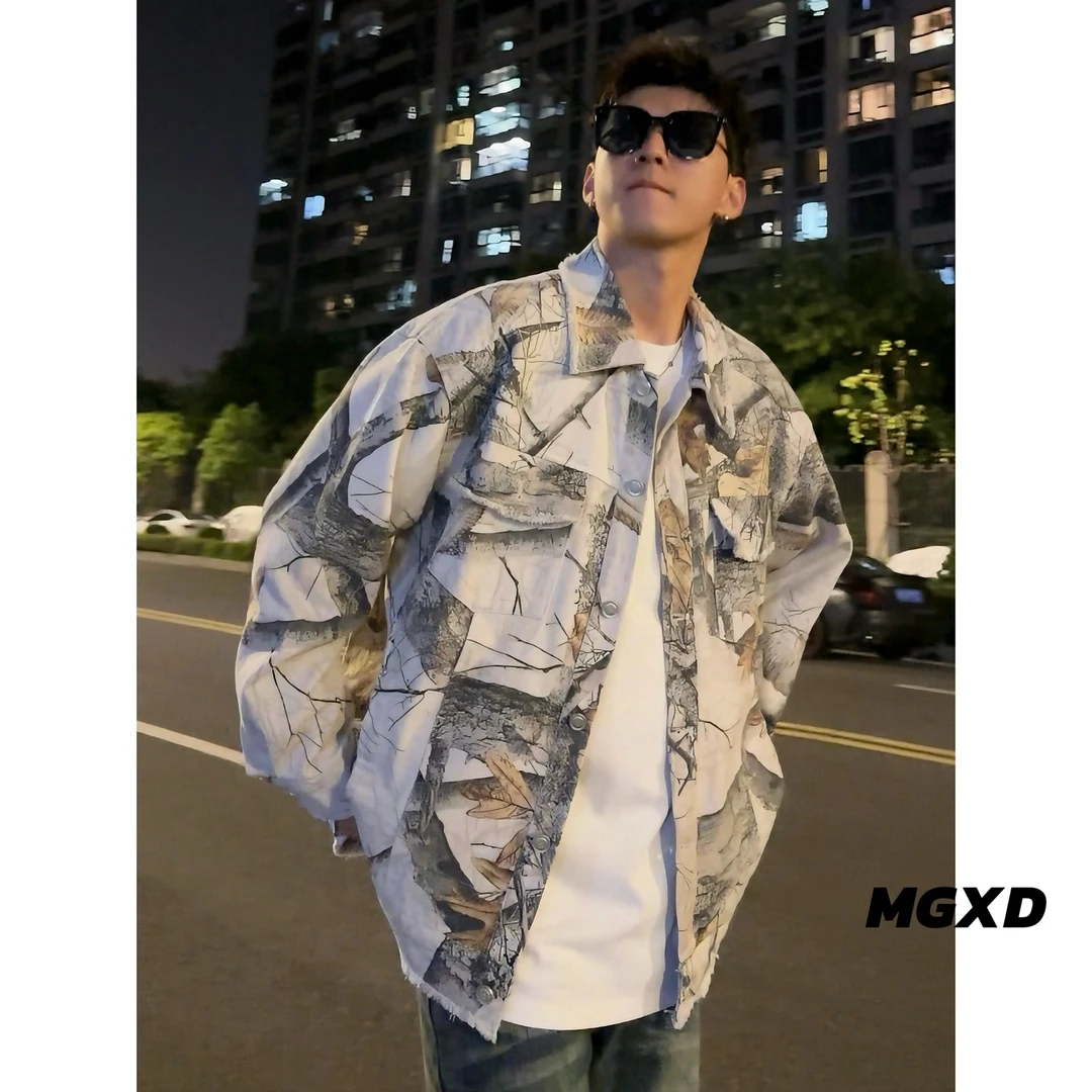 麻瓜兄弟美式潮牌街头树枝迷彩做旧牛仔夹克工装宽松休闲百搭外套