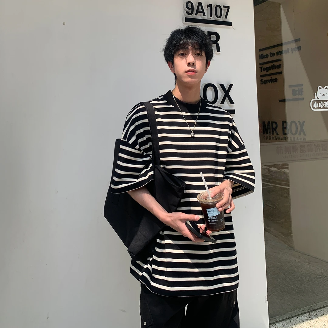 麻瓜兄弟2024夏季宽松黑白条纹T恤男百搭半截袖港风ins短袖日系潮