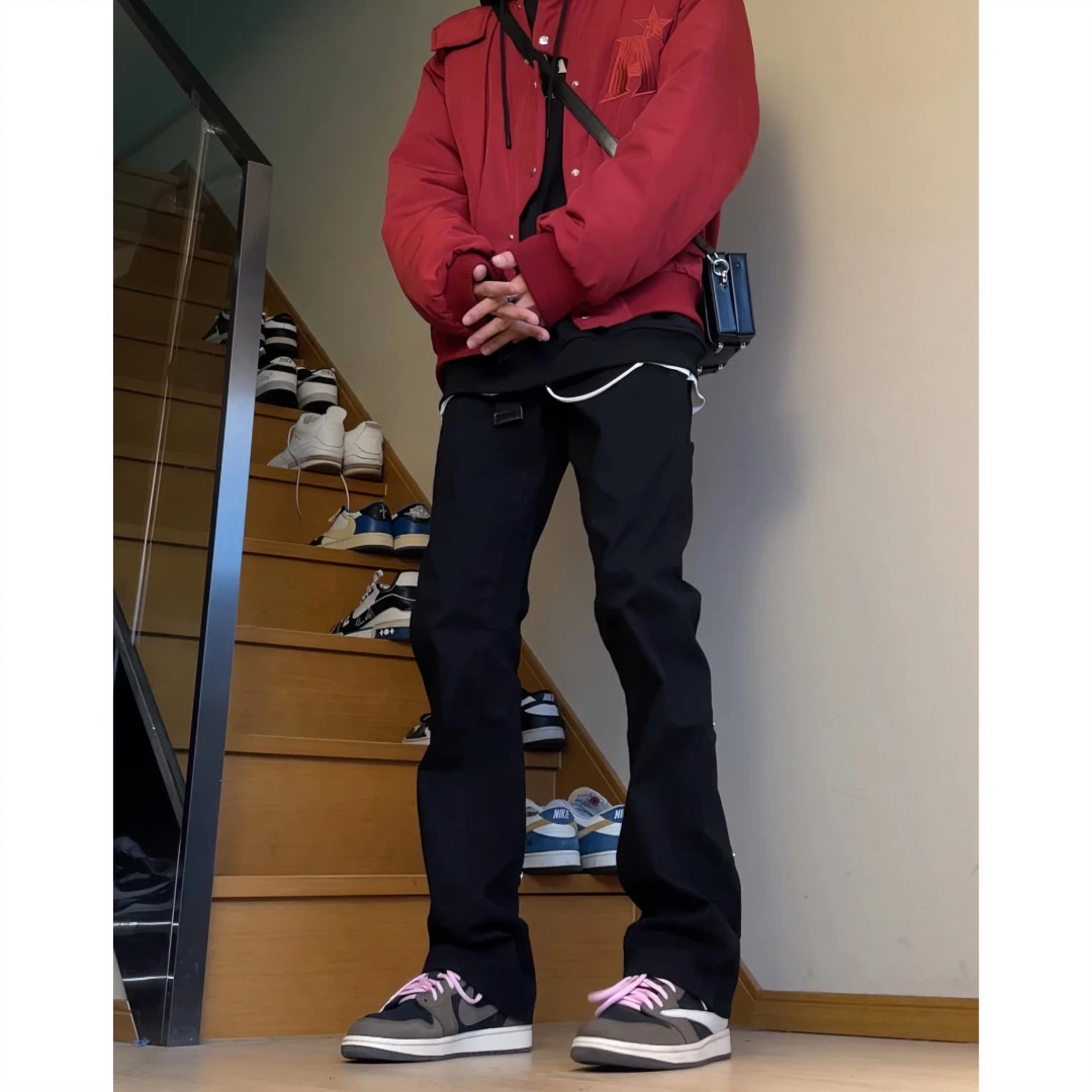 麻瓜兄弟夏季牛仔裤男薄款弹力高街排扣牛仔裤微喇一裤两穿长裤