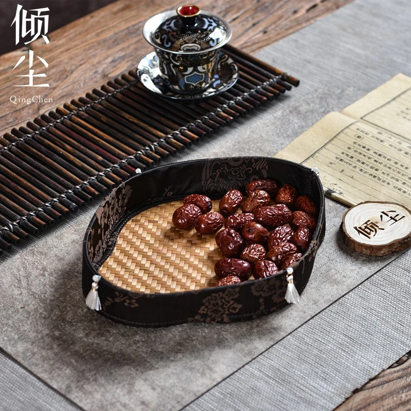 缎面海棠形大漆竹编果盘 高颜值茶点盘客厅茶几干果盘茶点筐