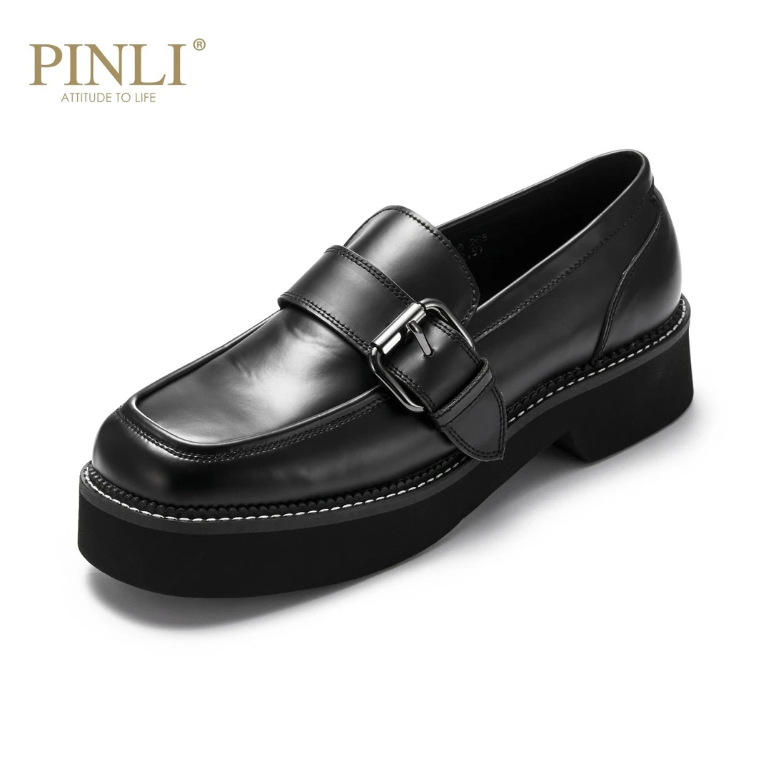 PINLI品立夏季新款休闲皮鞋乐福鞋套脚男黑色低帮鞋潮B211121322