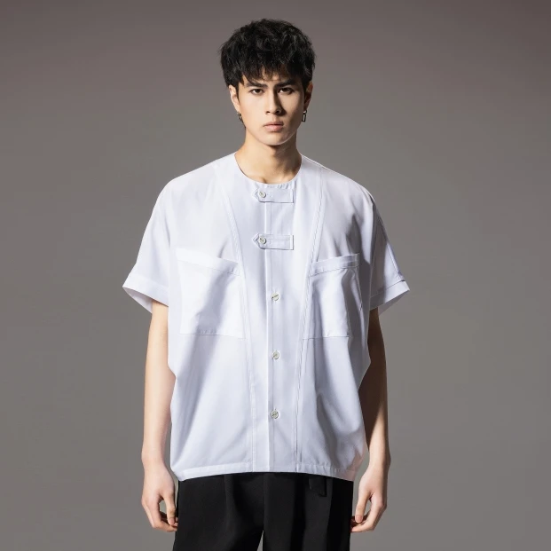 PINLI品立夏季连肩袖无领短袖衬衫男国潮宽松休闲衬衣B242113049