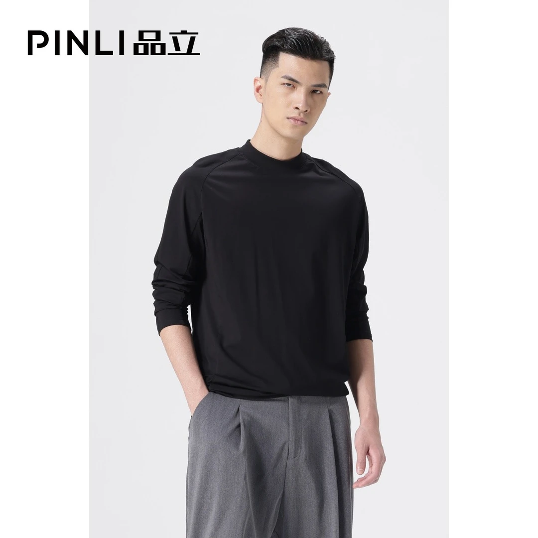 PINLI品立春季新款立领内搭长袖t恤男士打底衫上衣服B212311358