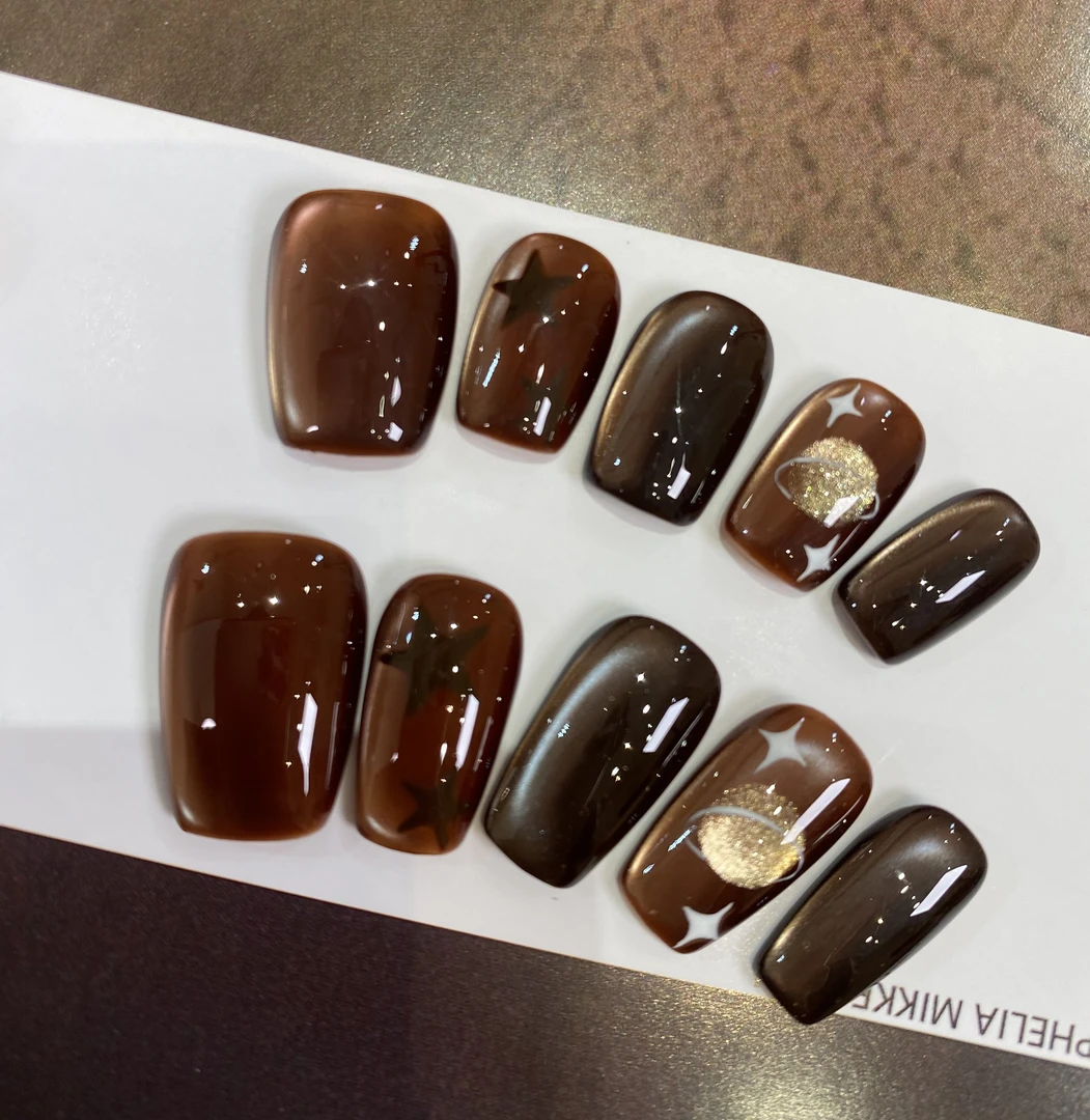 【浪漫土星】纯手工穿戴甲棕咖色猫眼美甲10片