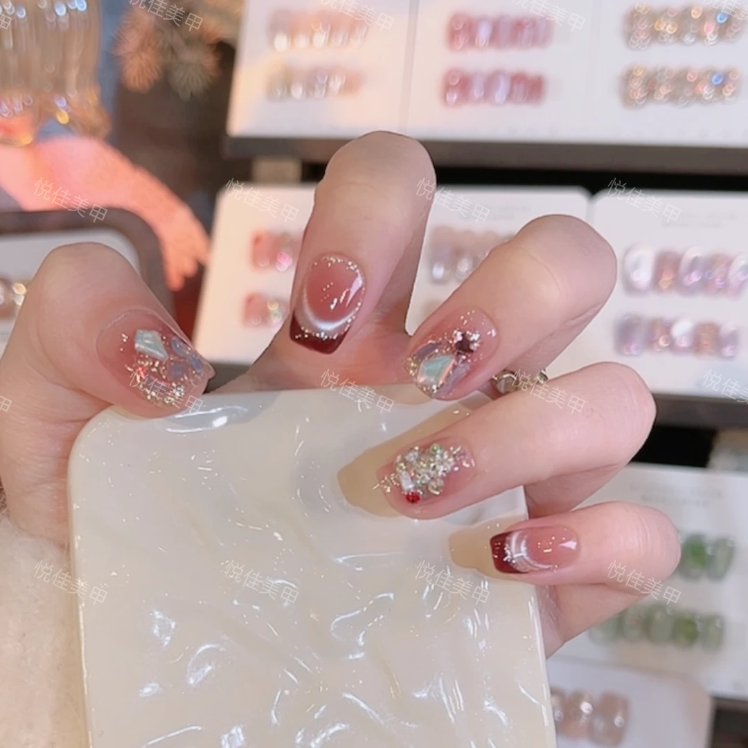 【叮铃圣诞树】纯手工穿戴甲粉色猫眼法式美甲10片