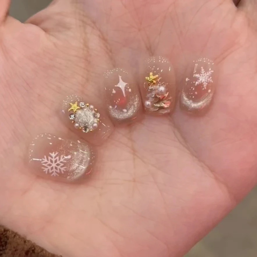 【短款】雪花法式猫眼穿戴甲+送工具包果冻胶B156