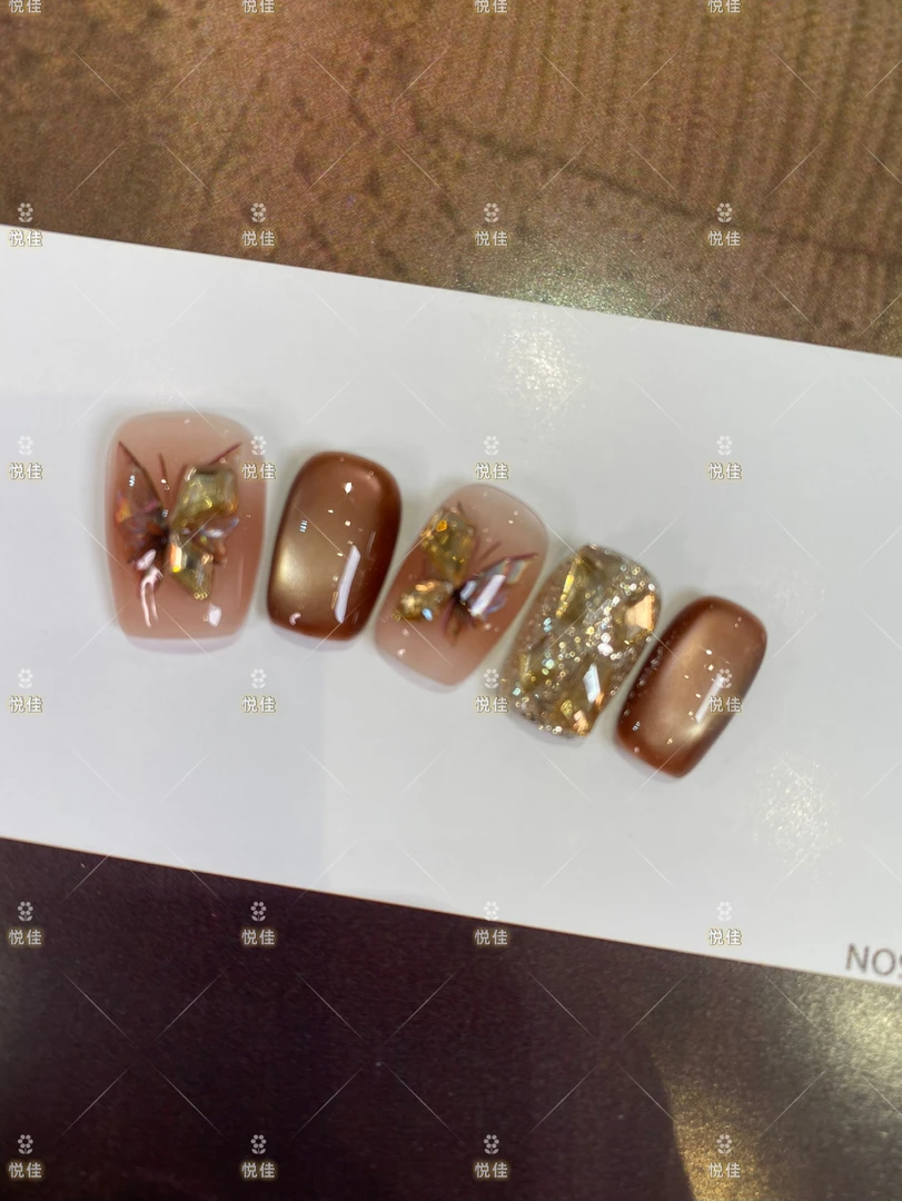 【双飞蝶】纯手工穿戴甲裸粉色蝴蝶美甲10片