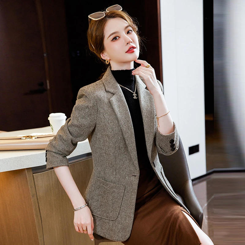 毛呢西装外套女格子秋冬休闲修身时尚韩版气质西服YQ8923