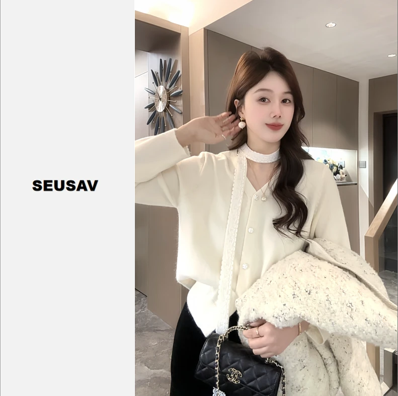 【笙箫家】双飘带蕾丝开衫打底浣熊毛衣单穿上衣羊毛衣休闲百搭显瘦