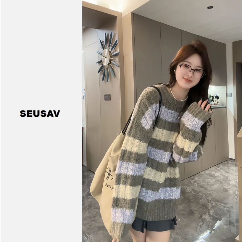 【笙箫家】韩版条纹针织大版毛衣-休闲慵懒-百搭自由舒适柔软毛衣