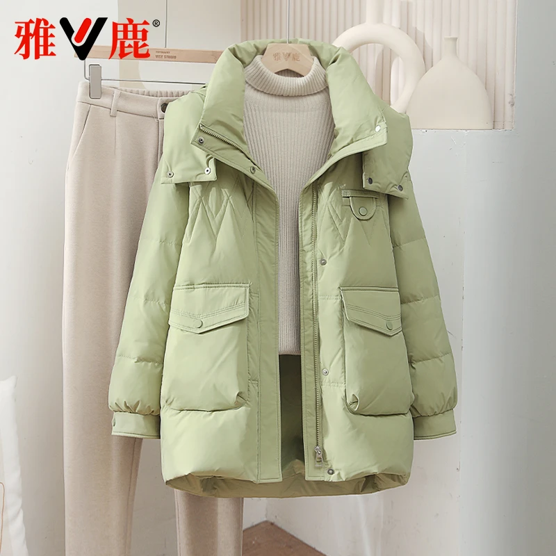 雅鹿2024冬季新款羽绒服女中长显瘦百搭通勤保暖加厚洋气外套连帽