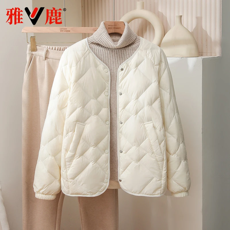 雅鹿2025新款轻薄羽绒服女短款圆领内胆外穿早春流行大码女士外套
