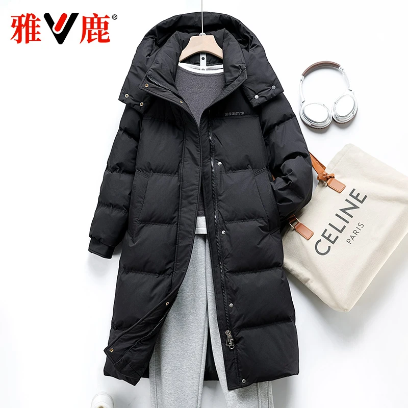 雅鹿2024新款羽绒服女冬季中长款纯色百搭过膝保暖韩版女士外套潮