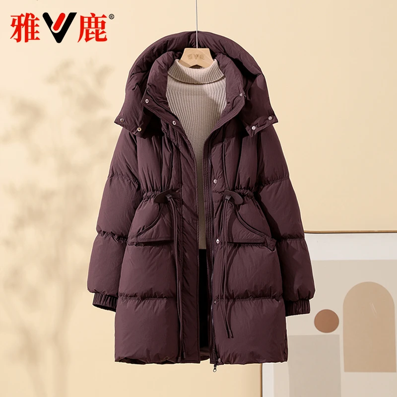雅鹿2025冬季新款连帽羽绒服女户外加厚宽松收腰显瘦纯色出勤外套