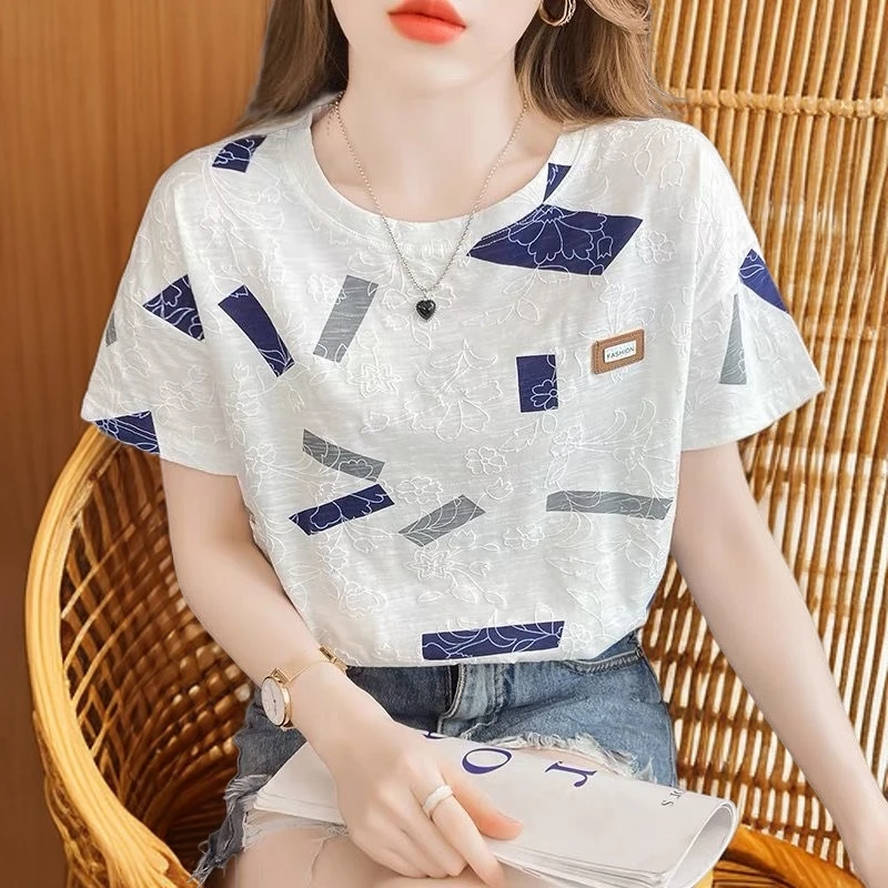 女士T恤时尚大码显瘦洋气夏季新款宽松圆领网红短袖半袖女装