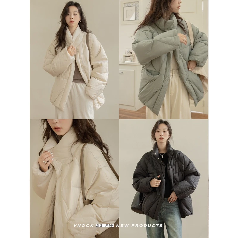 vnook【清仓】立领羽绒服女秋冬季纯色落肩白鸭绒中长款上衣外套