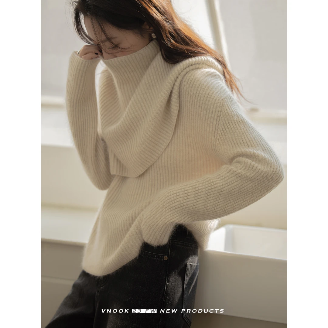 vnook【清仓】浣熊绒毛衣女慵懒风披肩圆领落肩设计感两件套上衣