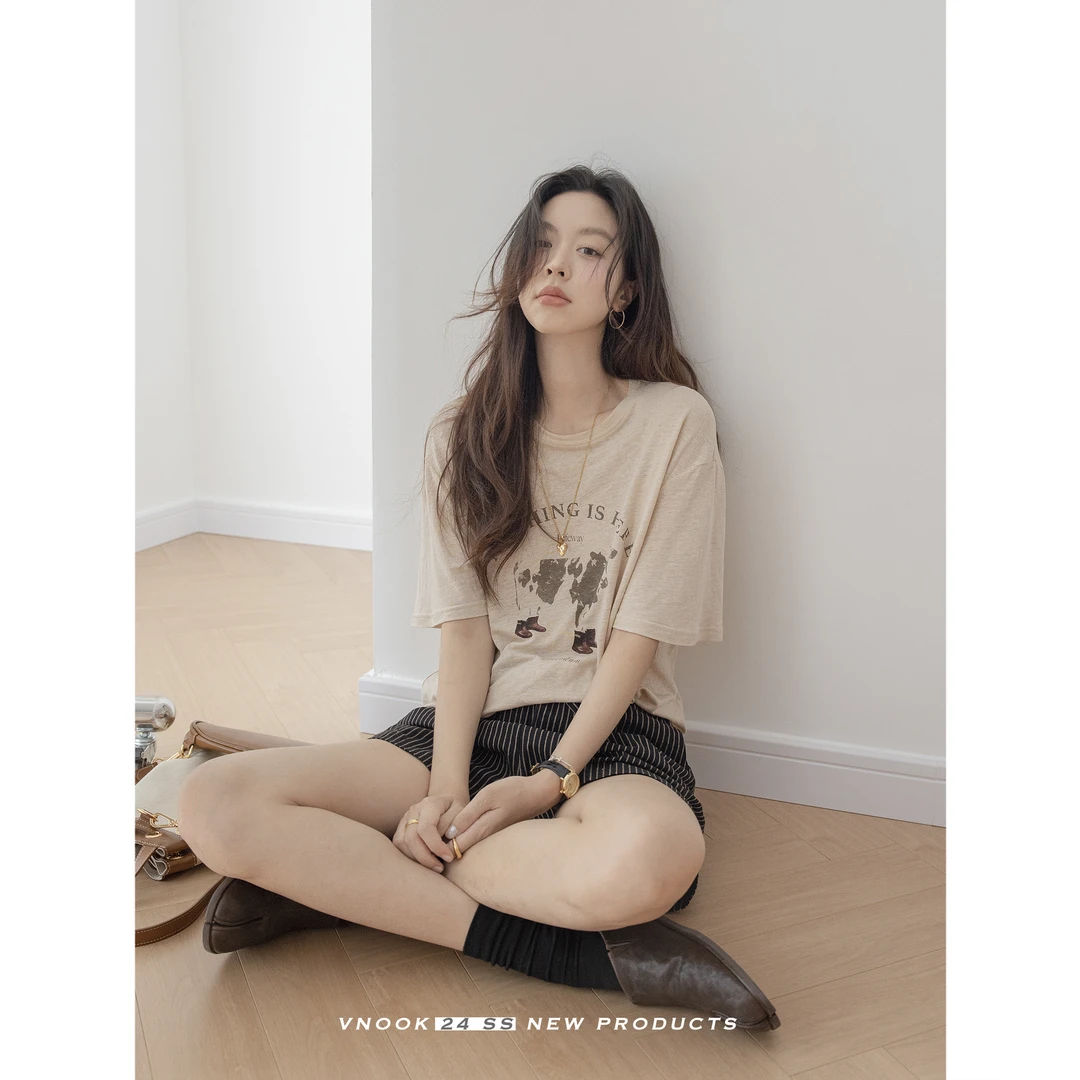 vnook圆领印花T恤女2024新款针织亚麻薄款垂软设计感简约宽松短袖