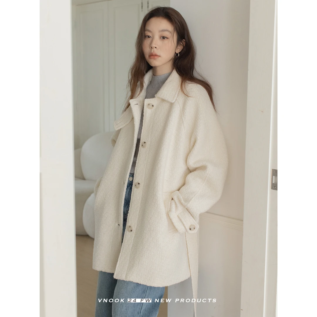 vnook 翻立领大衣女中长款2024新款秋冬高级感羊毛颗粒感毛呢外套