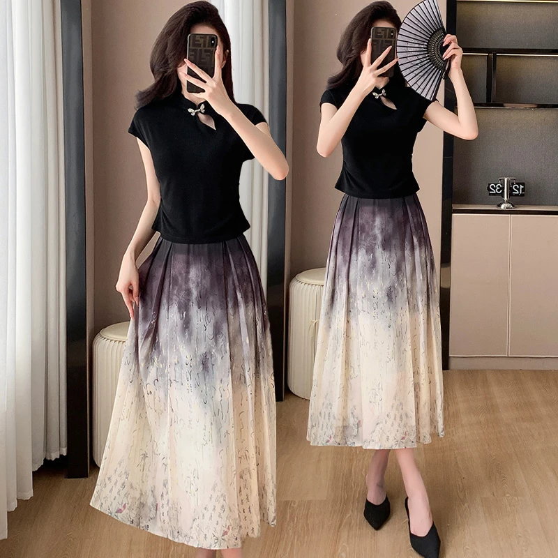 高级感国风复古两件套夏季女装2025新款新中式上衣马面a字裙套装