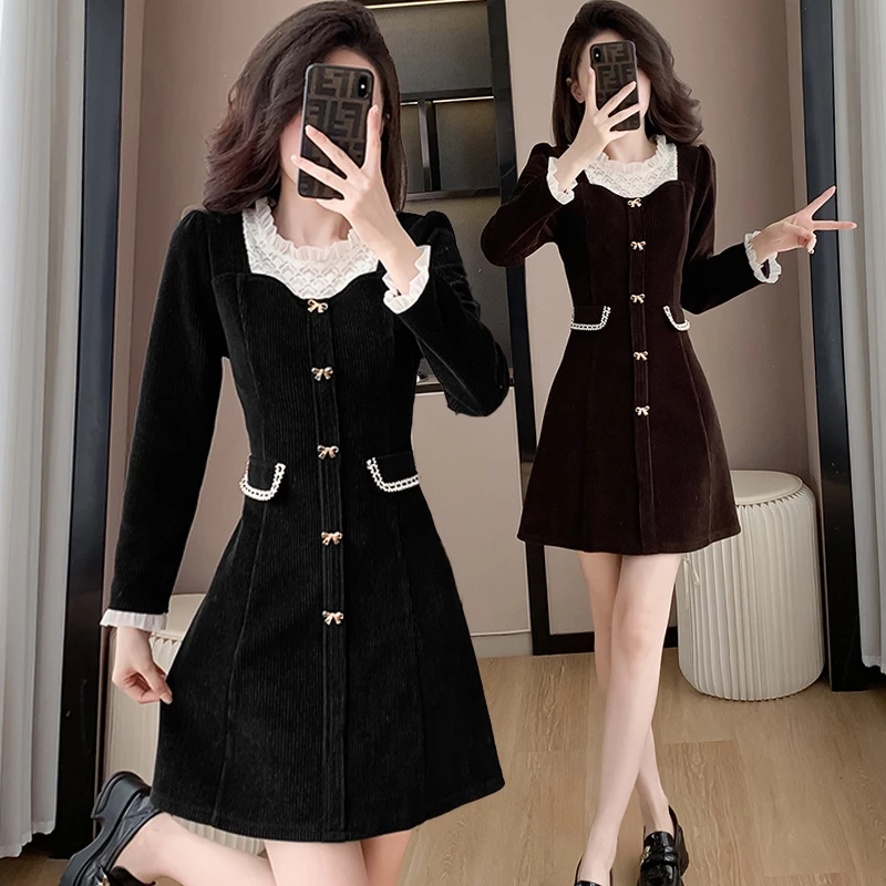 雅丹风穿搭灯芯绒连衣裙女2025年新款拼接蕾丝木耳边内搭打底裙子