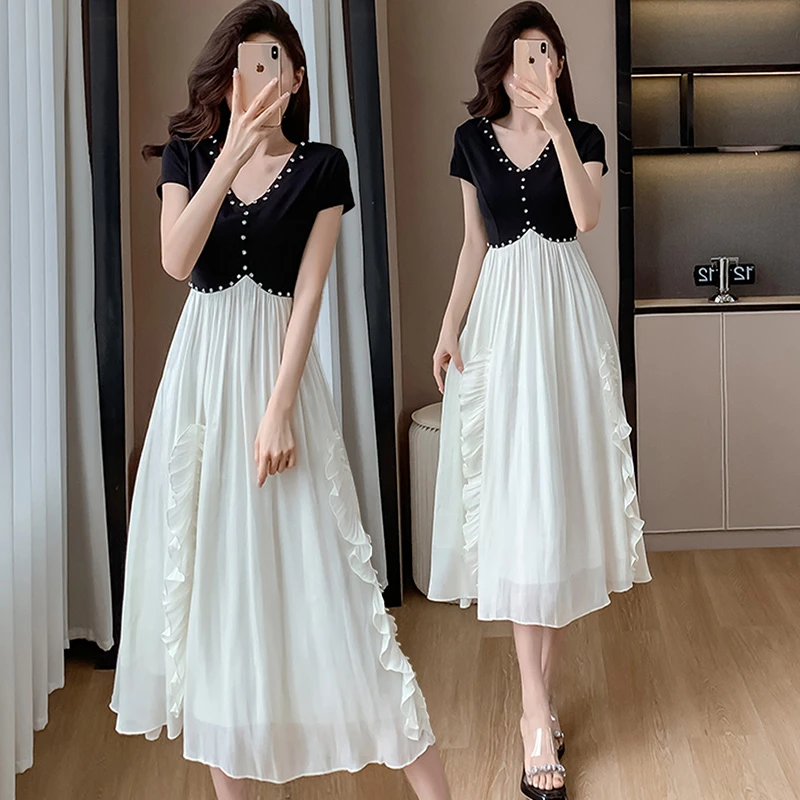 法式V领拼接荷叶边连衣裙女夏季2025新款高级收腰显瘦绝美长裙子