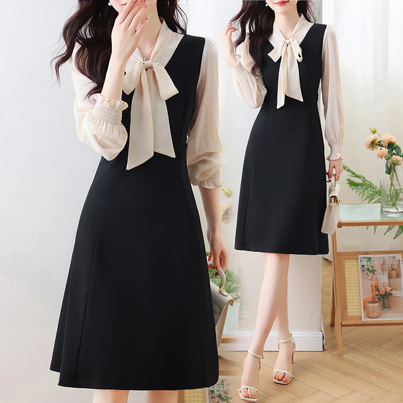 2025秋季新款蝴蝶结长袖连衣裙女端庄大气显瘦修身高端假两件裙子