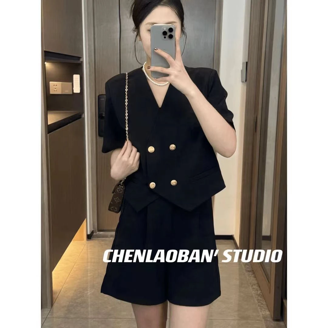 2024新款黑色西装外套短袖上衣短裤小个子夏装穿搭配一整套女时尚