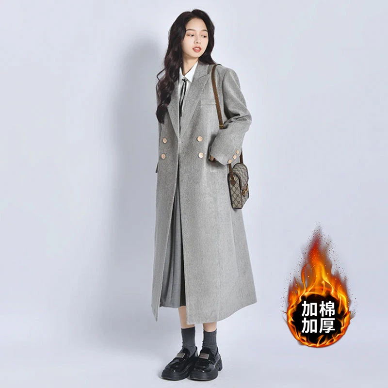 长款高级感毛呢大衣2024秋冬新款修身双排扣时尚正肩西装外套女
