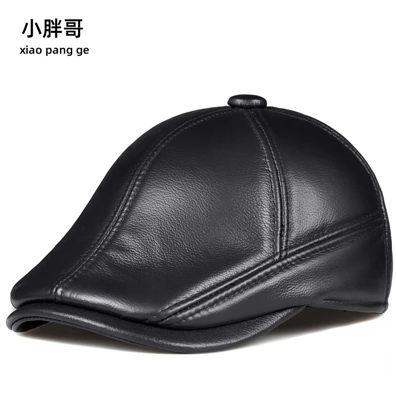真皮帽子男秋冬季护耳户外贝雷帽中老年人保暖棉牛皮鸭舌前进帽