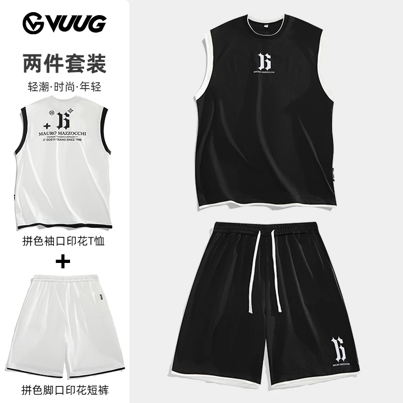 VUUG背心无袖短袖男士夏季套装帅气冰感美式短裤两件套