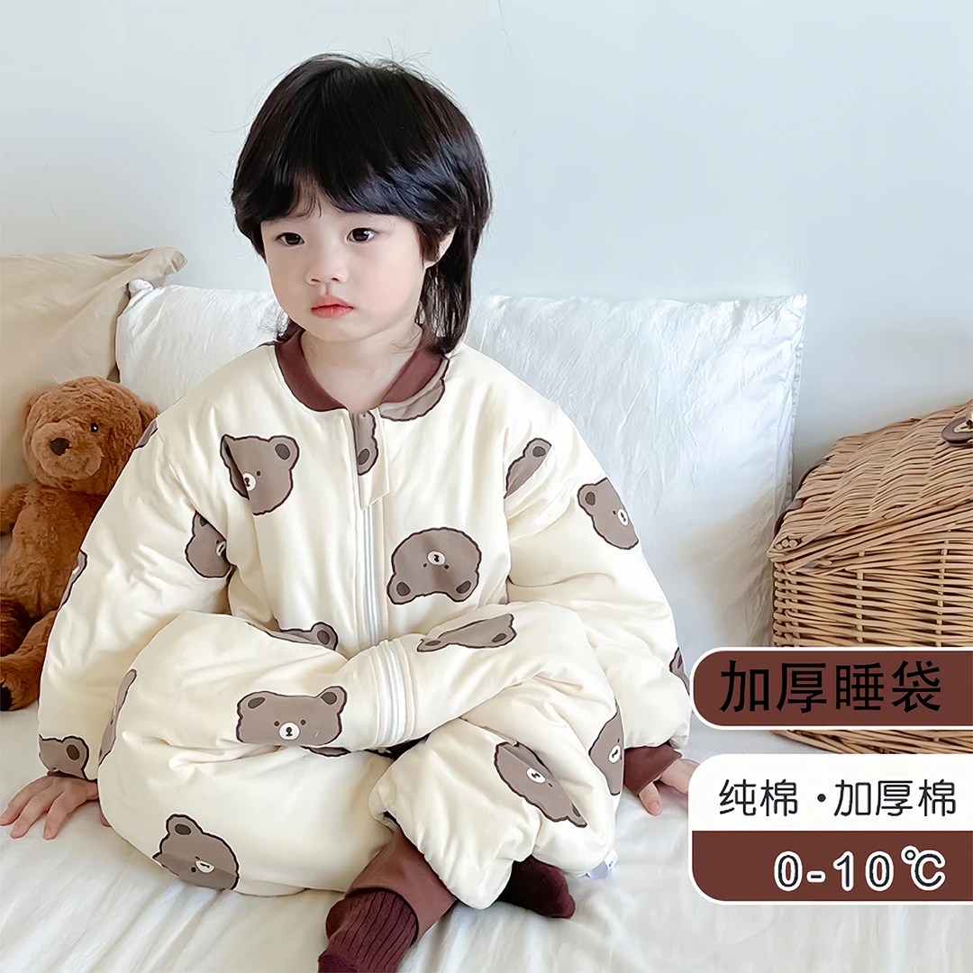 宝宝睡袋秋冬款加厚夹棉防寒儿童冬季防踢被男童纯棉连体分腿睡衣