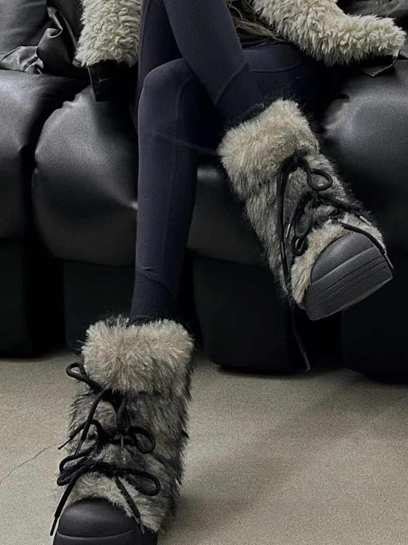 XYSF极简 24新款冬季保暖时尚厚底大圆头复古绑带毛毛雪地靴