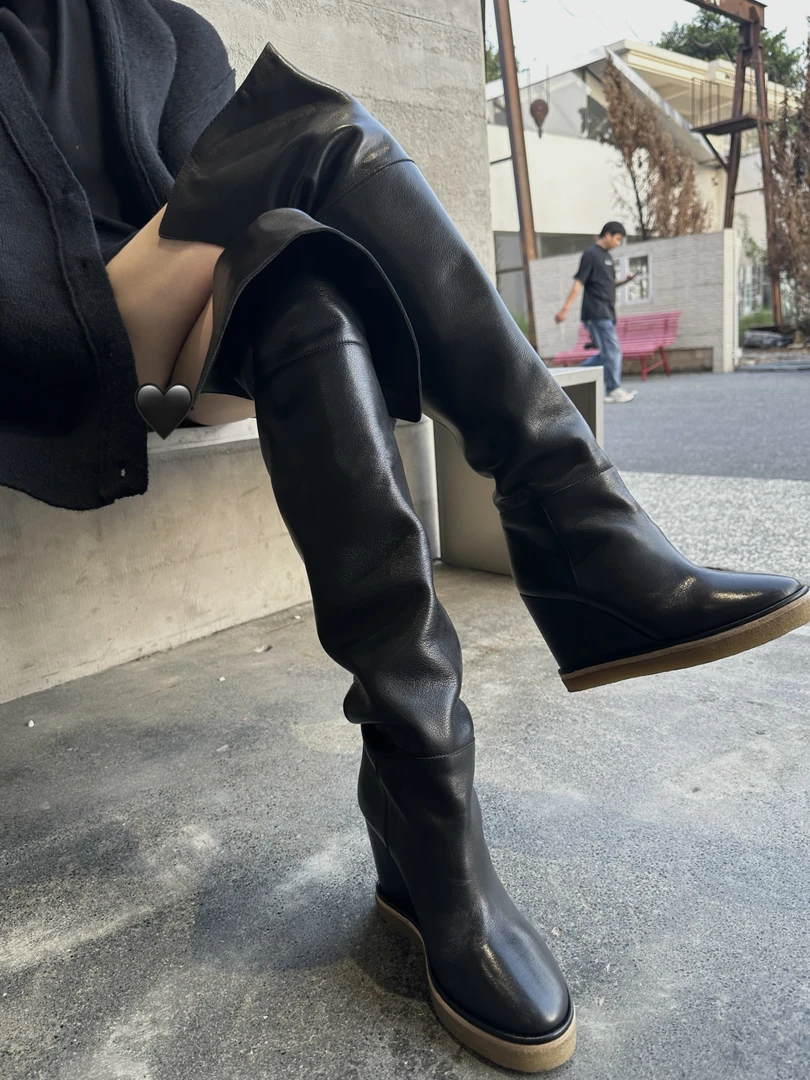 XYSF极简 你未曾拥有的设计翻边头层牛皮坡跟长靴