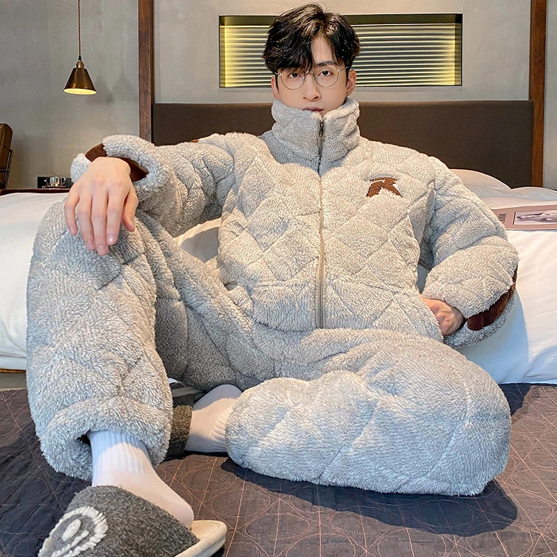 秋冬款男士睡衣55029三层夹棉连帽立领加绒加厚家居服