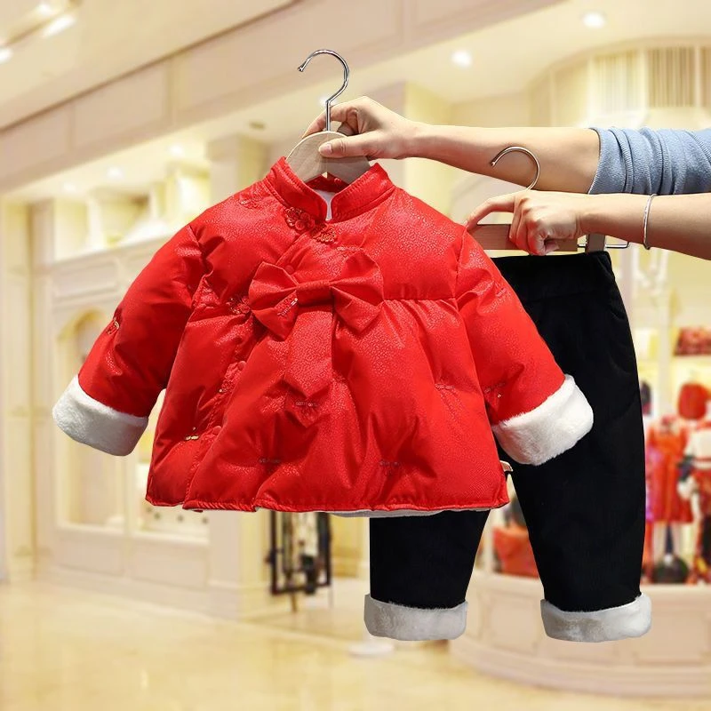 唐装拜年服小童女童冬季宝宝红色儿童新年女宝喜庆加厚外套中国风