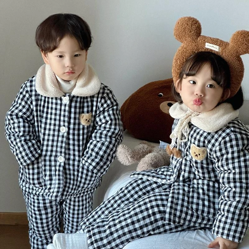 儿童三层夹棉卡通家居服韩版冬款男女童加绒加厚睡衣宝宝保暖套装