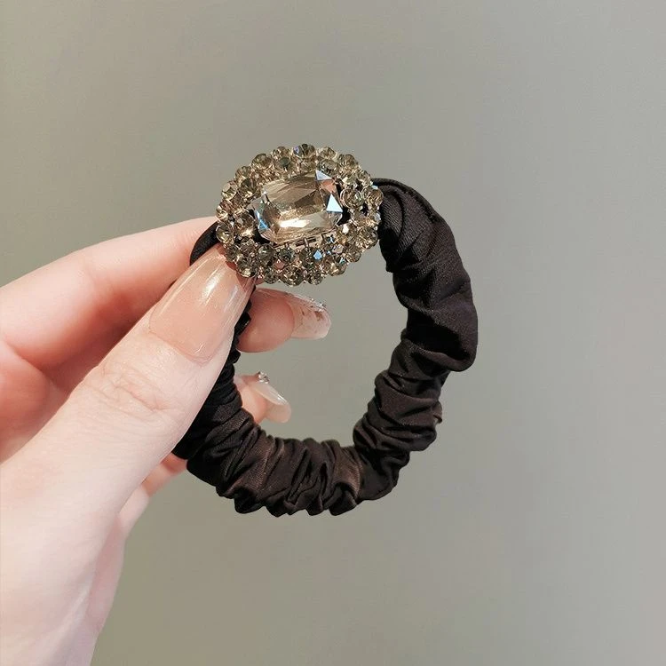 韩国东大门椭圆水钻大肠发圈头绳女高级感气质黑色发圈高弹力发绳