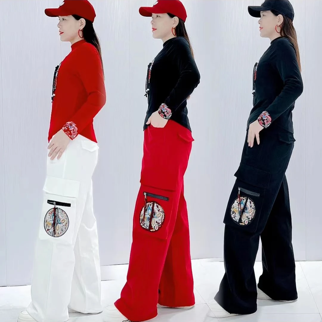 083#国风潮裤刺绣男女同款工装直筒裤宽松休闲裤百搭潮流时尚洋气