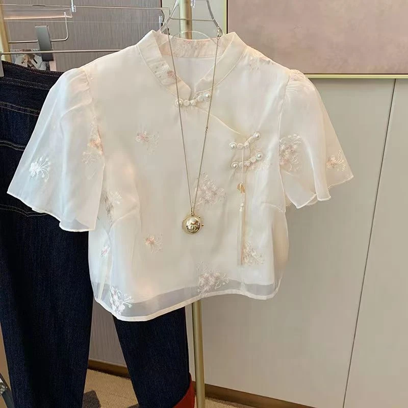 新中式改良旗袍盘扣衬衫女夏新款温柔风轻熟复古刺绣国风短款上衣
