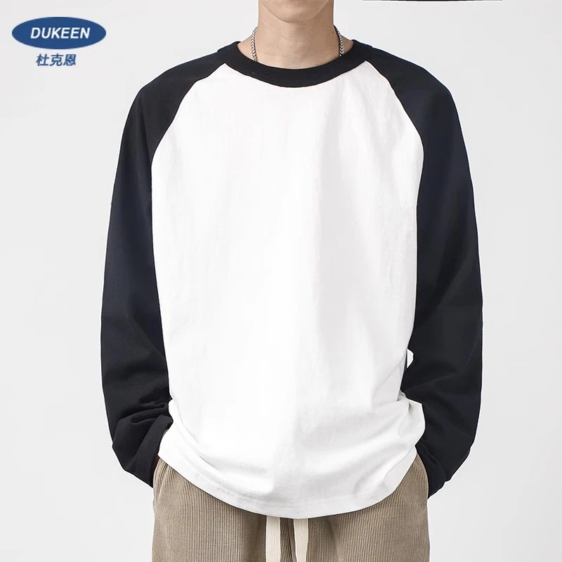 320G重磅纯棉插肩袖长袖秋季男上衣撞色拼色圆领宽松打底衫男内搭
