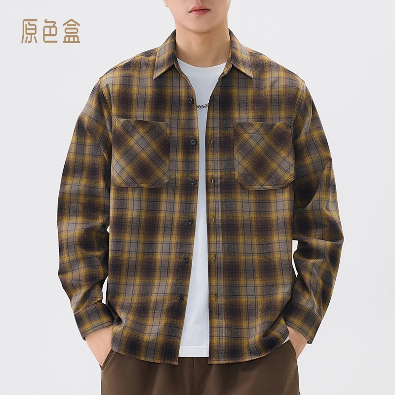 纯棉法兰绒衬衫男长袖春秋2024新款美式宽松磨毛工装格子衬衣外套