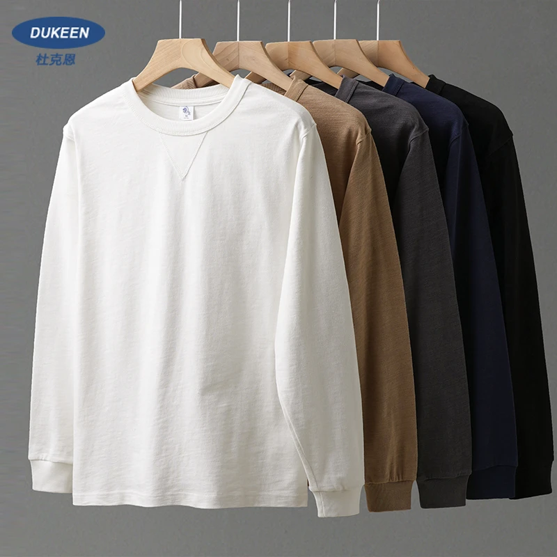 美式320G重磅纯棉长袖T恤男秋冬百搭休闲上衣简约宽松套头打底衫