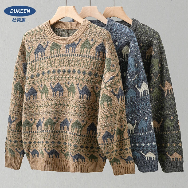 美式复古重磅毛衣男秋冬新款潮牌印花休闲长袖慵懒宽松保暖打底衫