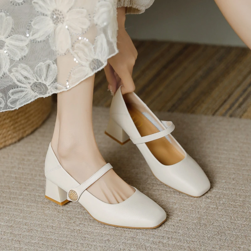 真皮粗跟单鞋女玛丽珍新款春秋季气质法式妈妈中跟高跟浅口工作鞋