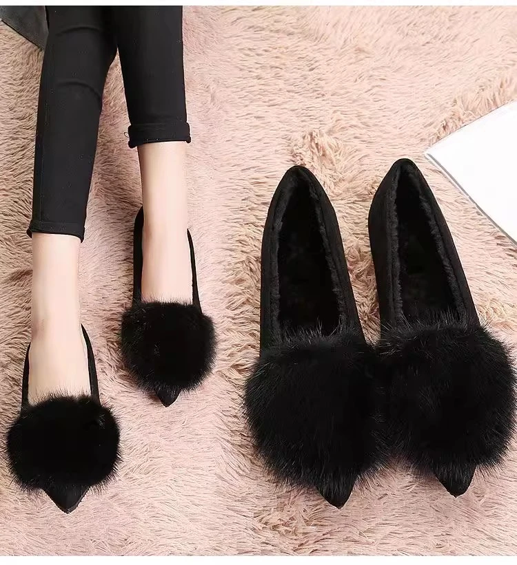 大码百搭软底水貂毛毛鞋豆豆鞋女冬季加绒单鞋女尖头浅口瓢鞋保暖