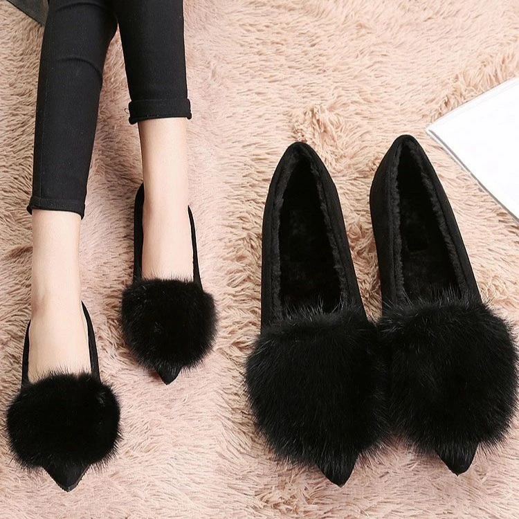 33-41码欧洲站毛毛鞋豆豆鞋女秋冬季加绒单鞋尖头平底浅口瓢鞋子