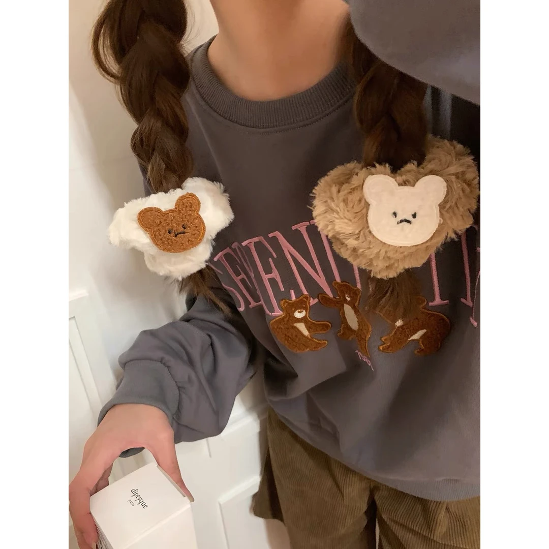 奶油色毛绒绒发圈可爱小熊大肠圈甜美少女居家扎发头绳秋冬发饰女