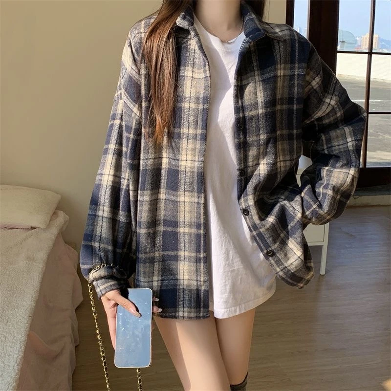 加厚衬衣长袖格子衬衫宽松韩版秋冬百搭休闲复古薄款学生港风ins